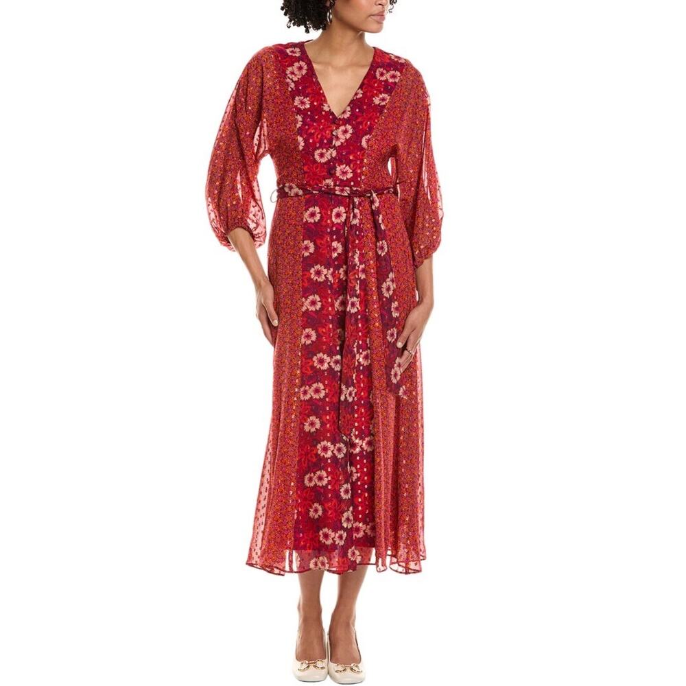Taylor Red Floral Midi Dress Sheer Sleeves Belted Womens 8 Like New